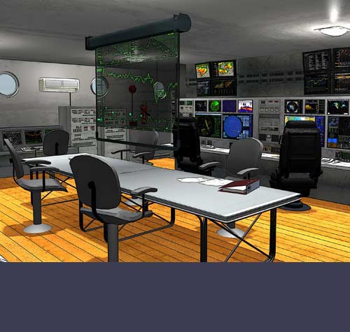 This room is designed to work with the data received from the sensors of the ship, including the special ones designed by Julia's team, that allowed them to notice the Atlantic atomic phenomenon. Two fault-tolerant servers store all the data collected. A local network of workstations has online access to the central units of the Wopod Corporation through a broadband satellite connection that also provides fast Internet access to the computers logged on to the WIFI activated on board, even in the middle of the ocean.